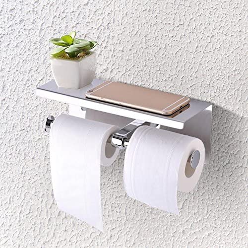 Zerone Double Toilet Paper Holder, SUS304 Stainless Steel Bathroom Dual Paper Tissue Paper Roll Holder Hanger Wall Mount with Mobile Phone Storage Shelf Rack