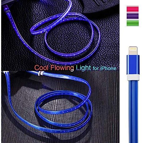 3ft Visible Flowing LED USB Cable Sync Data Fast Charger Cord for iPhone 11/iPhone Xs MAX/XR/ /8/8 Plus/7/7 Plus/6/6 Plus, iPod and iPad and More-with Cell Phone Finger Ring Stand（Blue