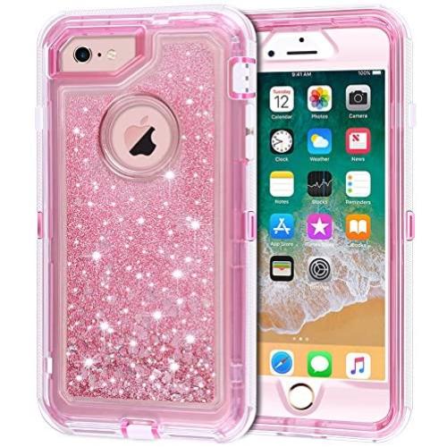 Anuck iPhone 6S Case, iPhone 6 Case, 3 in 1 Hybrid Heavy Duty Defender Case Sparkly Floating Liquid Glitter Protective Hard Shell Shockproof TPU Cover for Apple iPhone 6 /iPhone 6S 4.7" - Pink