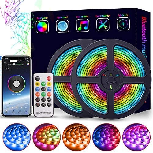 LED Strip Lights Music Sync 32.8ft RGB Dream Color Lights Strip Smart APP Control Bluetooth Rainbow LED Lights Waterproof Chase Effect Dimmable Strip Lights Power Supply for Indoor Outdoor(32.8FT/10M)