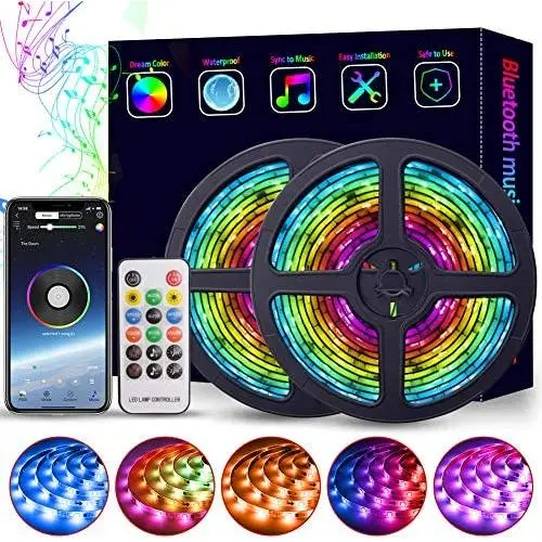 LED Strip Lights Music Sync 32.8ft RGB Dream Color Lights Strip Smart APP Control Bluetooth Rainbow LED Lights Waterproof Chase Effect Dimmable Strip Lights Power Supply for Indoor Outdoor(32.8FT/10M)