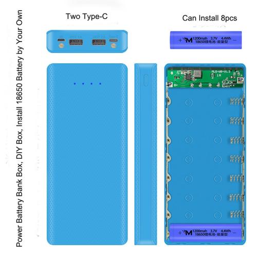 DIY Power Bank Box Flat Head Battery Charger Outer Case,2 USB Output Ports Plastic Shell Box with LED Display,Micro/Phone/Type-c Input Port Power Bank Case